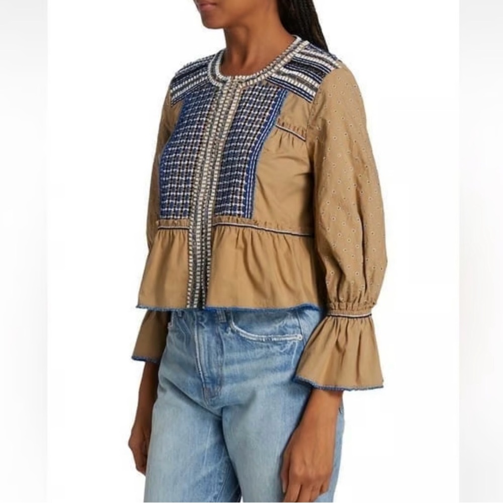 Veronica Beard Tan and Blue Embellished Blouse